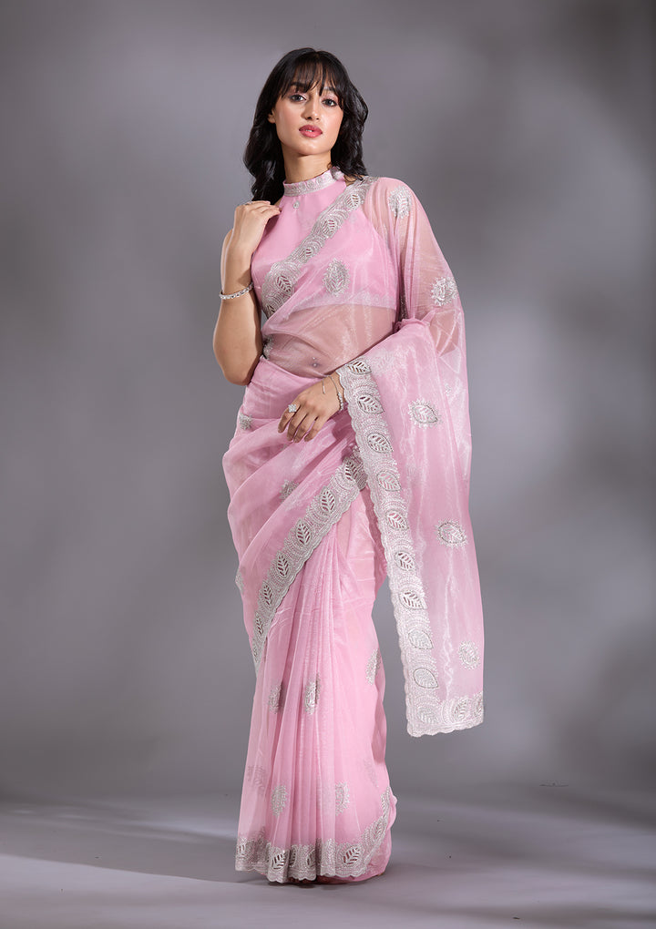 Baby Pink Organza Cutwork Saree With Matching Blouse Piece