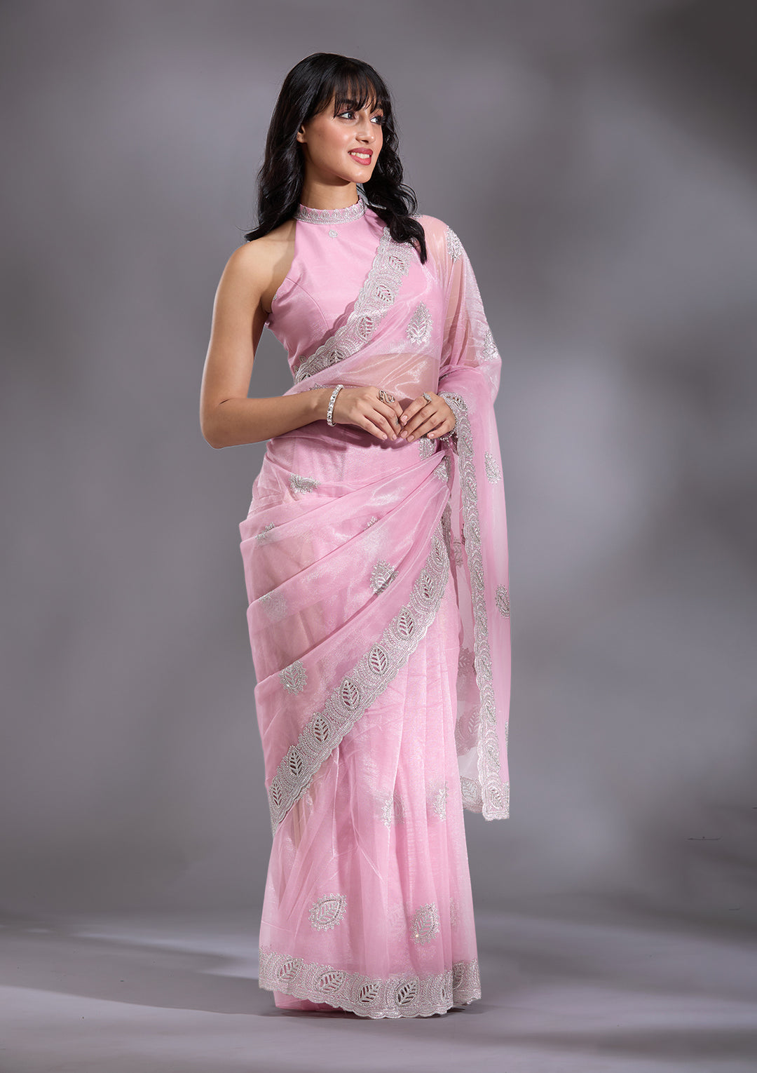 Baby Pink Organza Cutwork Saree With Matching Blouse Piece