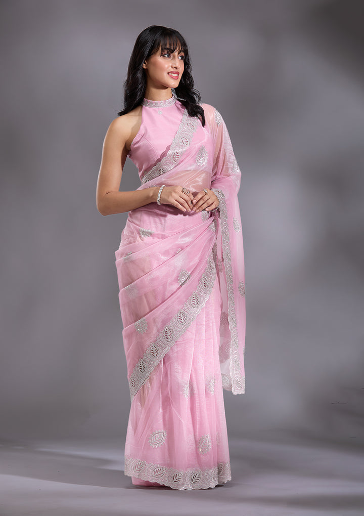 Baby Pink Organza Cutwork Saree With Matching Blouse Piece