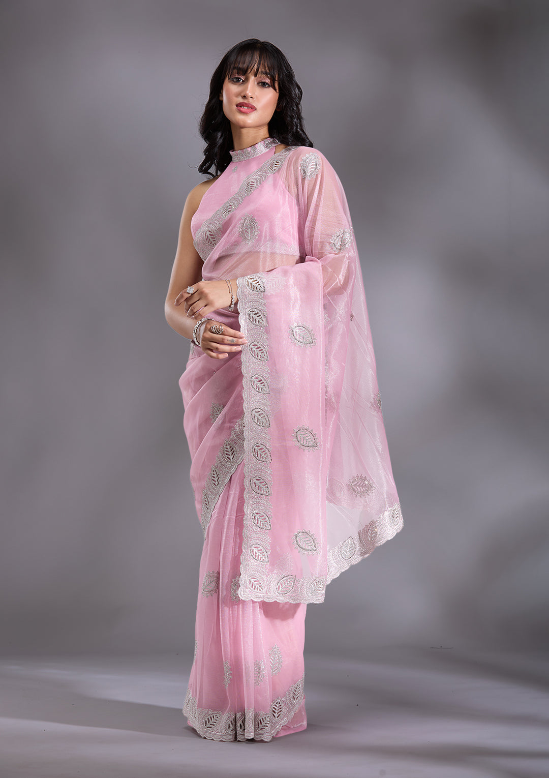 Baby Pink Organza Cutwork Saree With Matching Blouse Piece