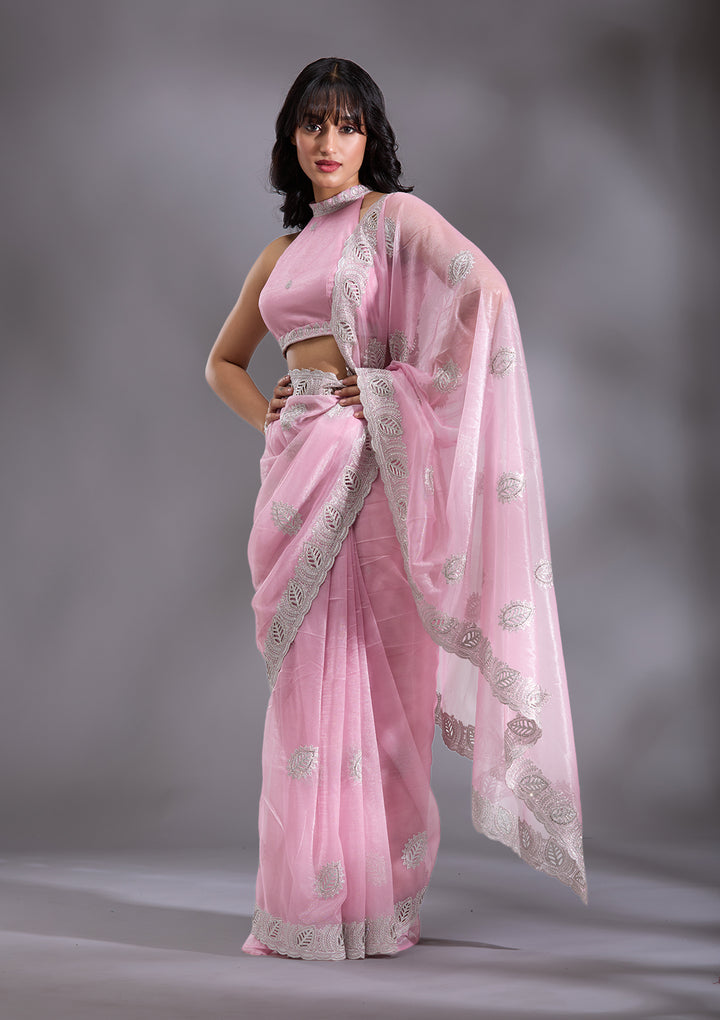 Baby Pink Organza Cutwork Saree With Matching Blouse Piece