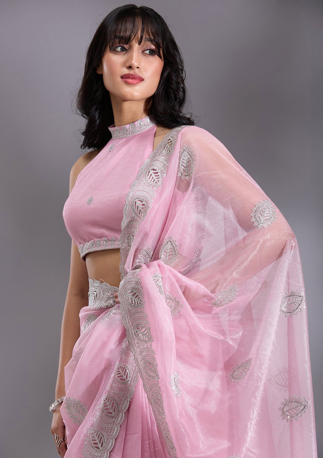Baby Pink Organza Cutwork Saree With Matching Blouse Piece