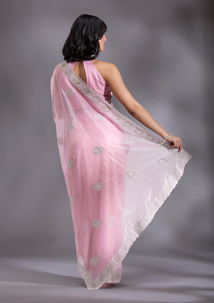 Baby Pink Organza Cutwork Saree With Matching Blouse Piece