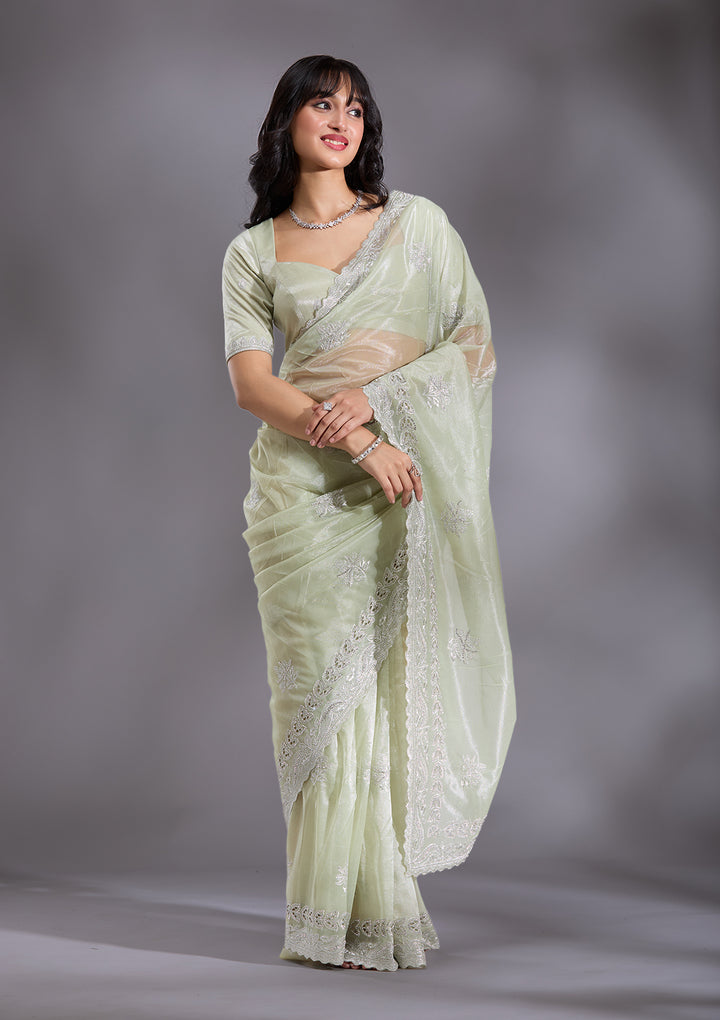 Pista Green Organza Cutwork Saree With Matching Blouse Piece