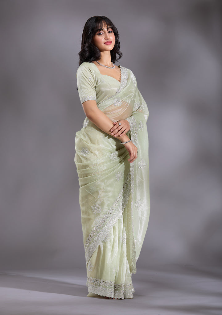 Pista Green Organza Cutwork Saree With Matching Blouse Piece