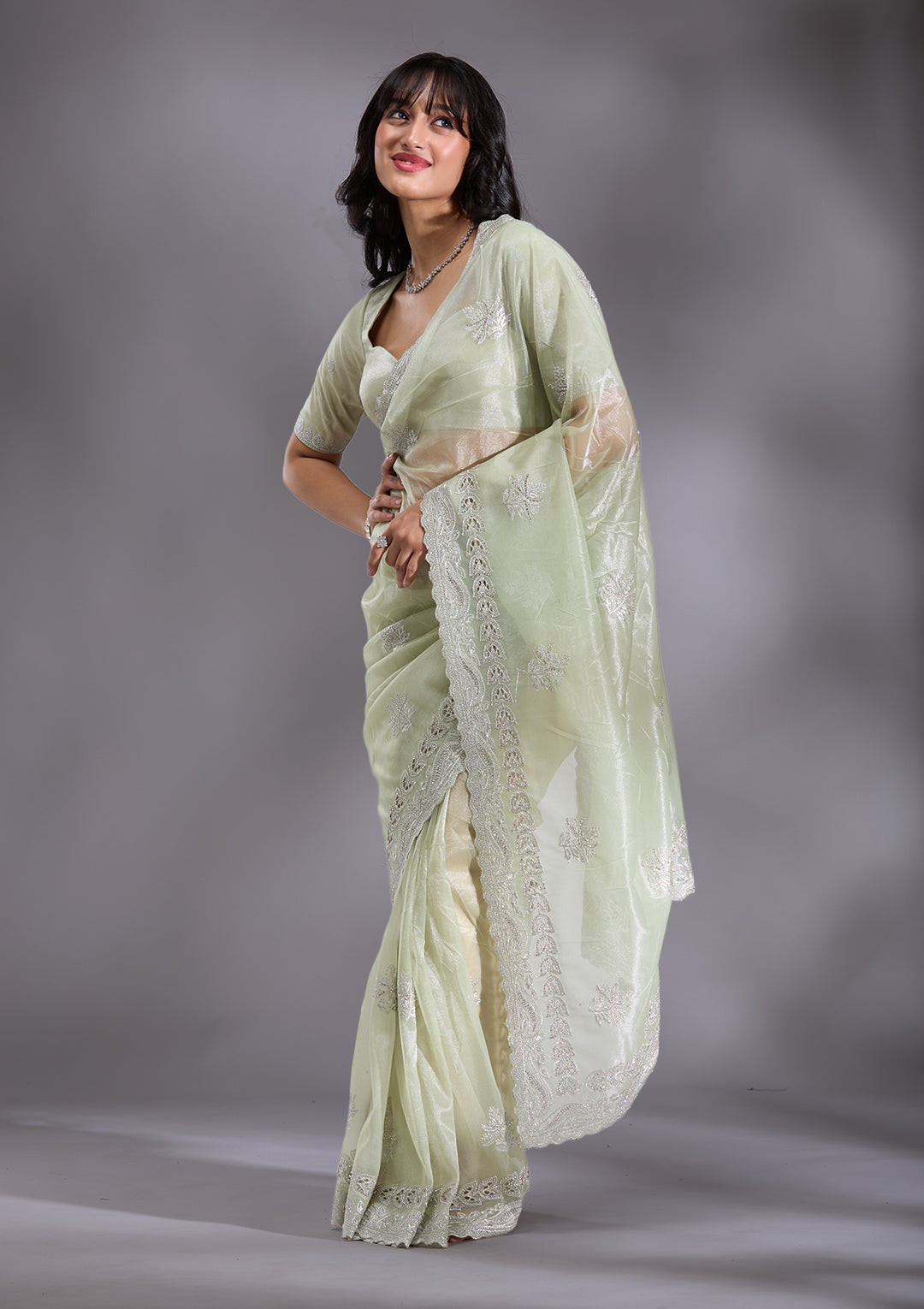 Pista Green Organza Cutwork Saree With Matching Blouse Piece