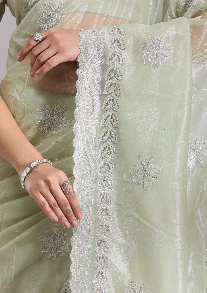 Pista Green Organza Cutwork Saree With Matching Blouse Piece