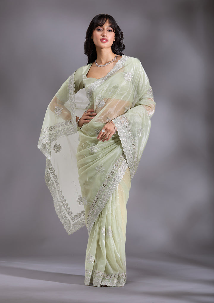 Pista Green Organza Cutwork Saree With Matching Blouse Piece