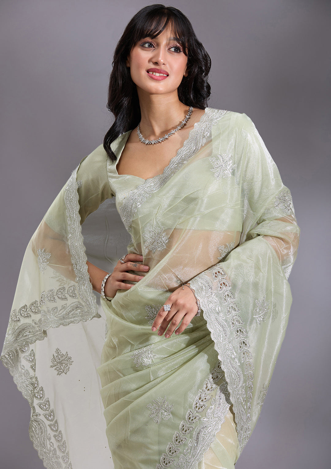 Pista Green Organza Cutwork Saree With Matching Blouse Piece