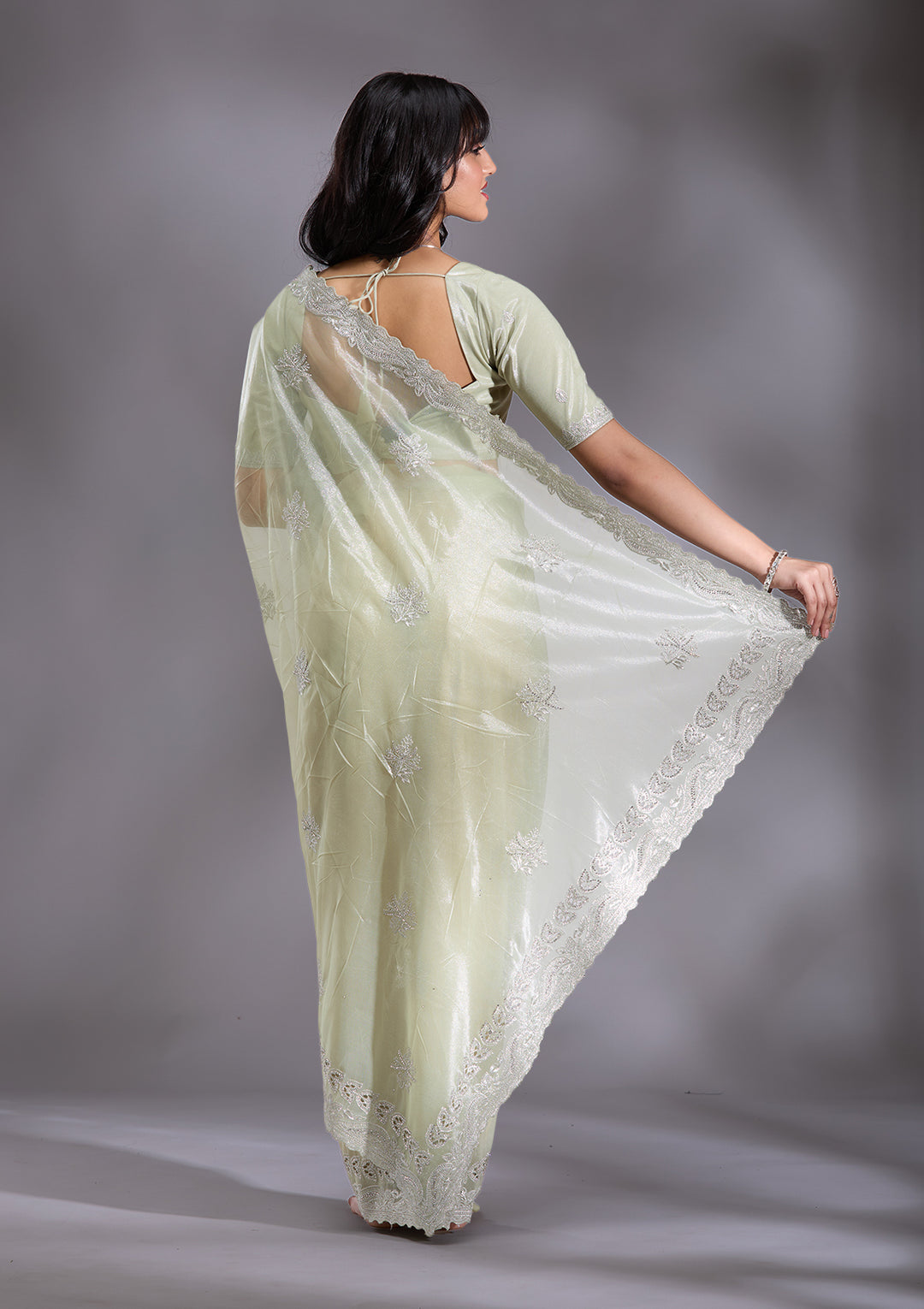 Pista Green Organza Cutwork Saree With Matching Blouse Piece