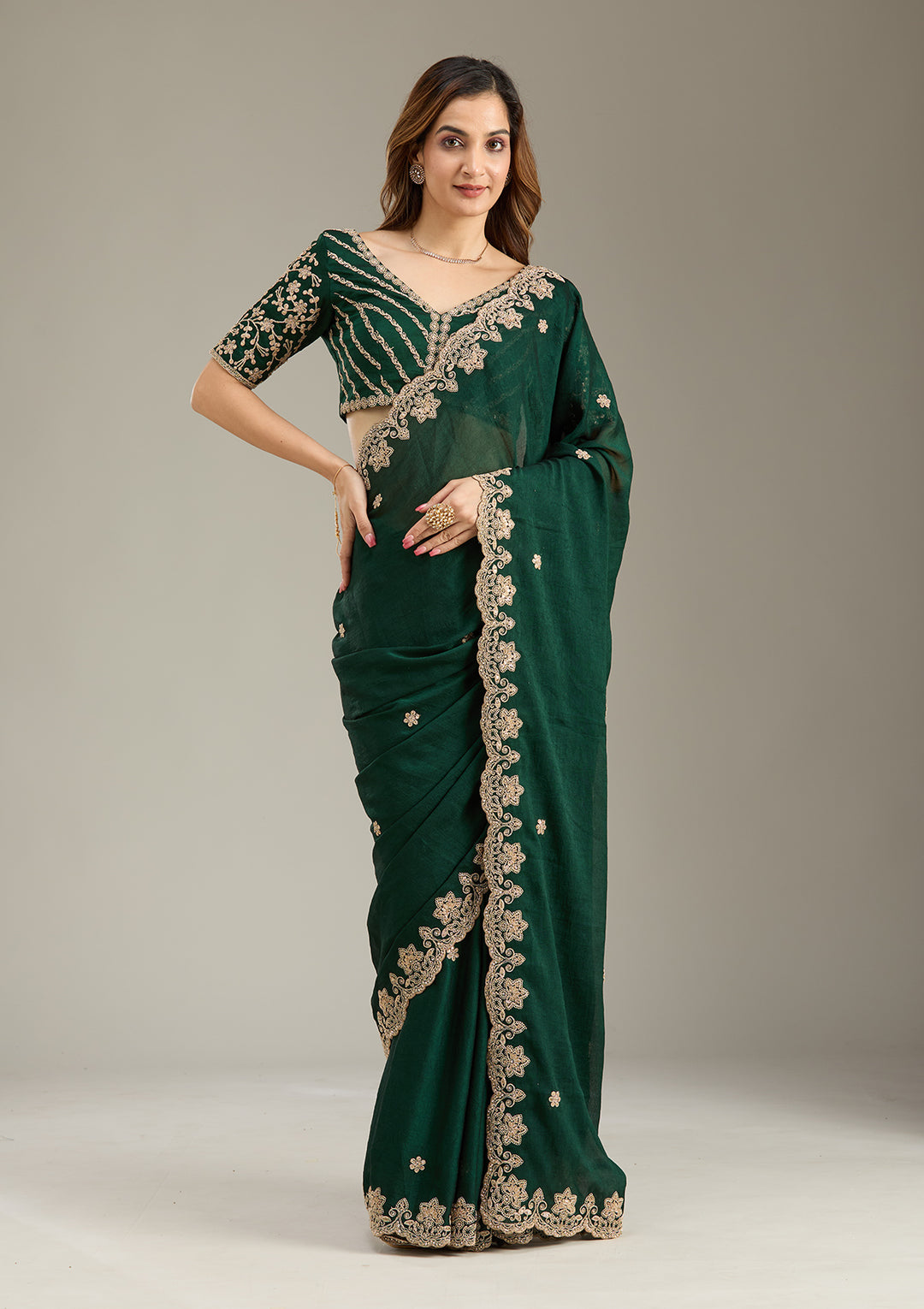 Bottle Green Cording Semi Crepe Saree