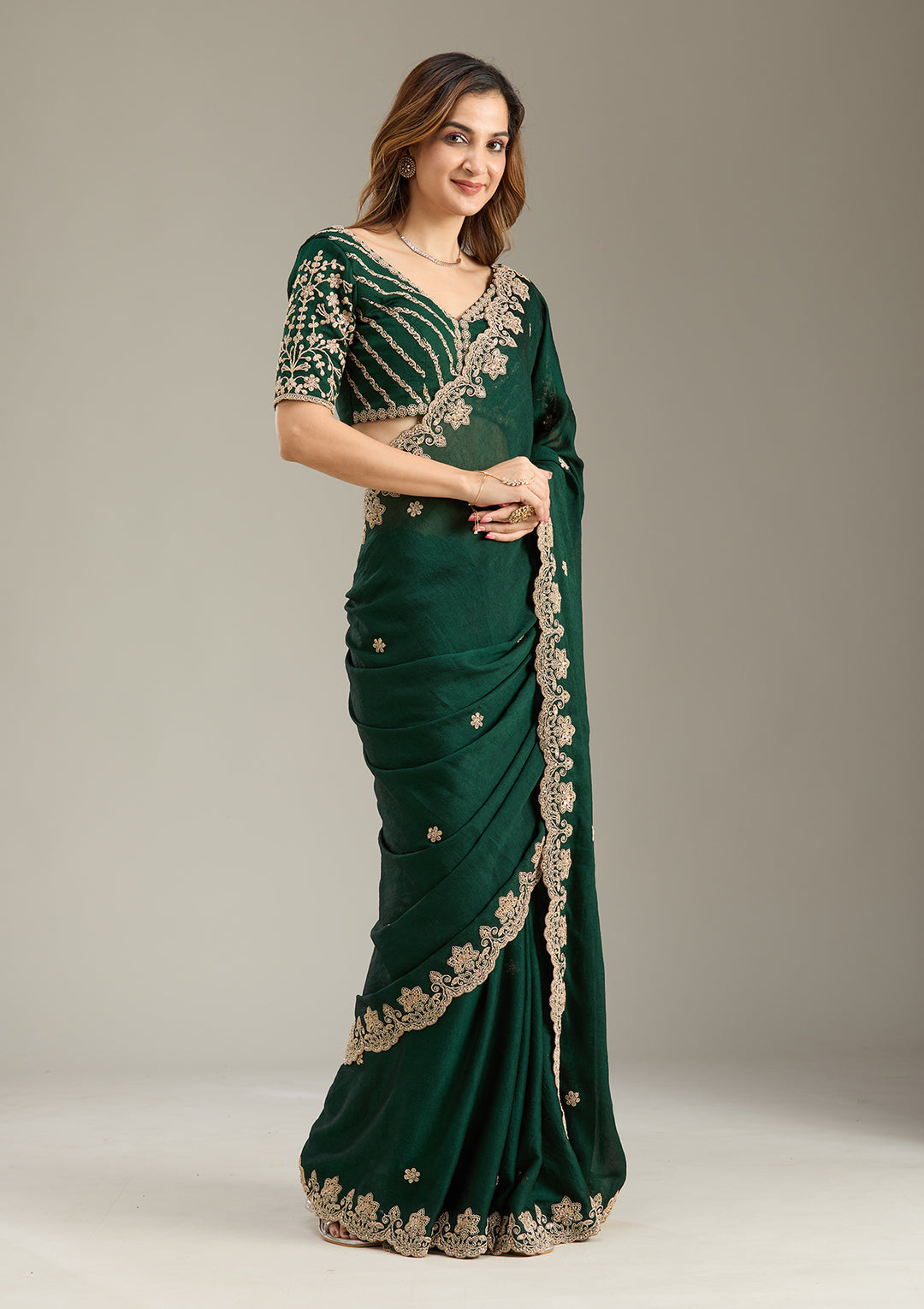 Bottle Green Cording Semi Crepe Saree