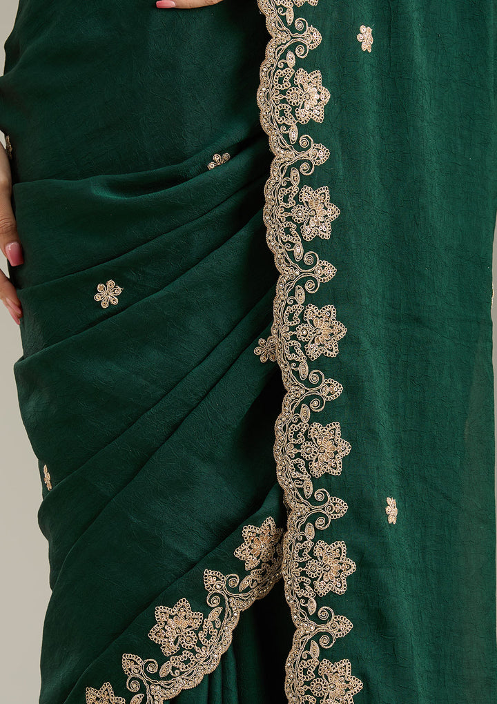 Bottle Green Cording Semi Crepe Saree
