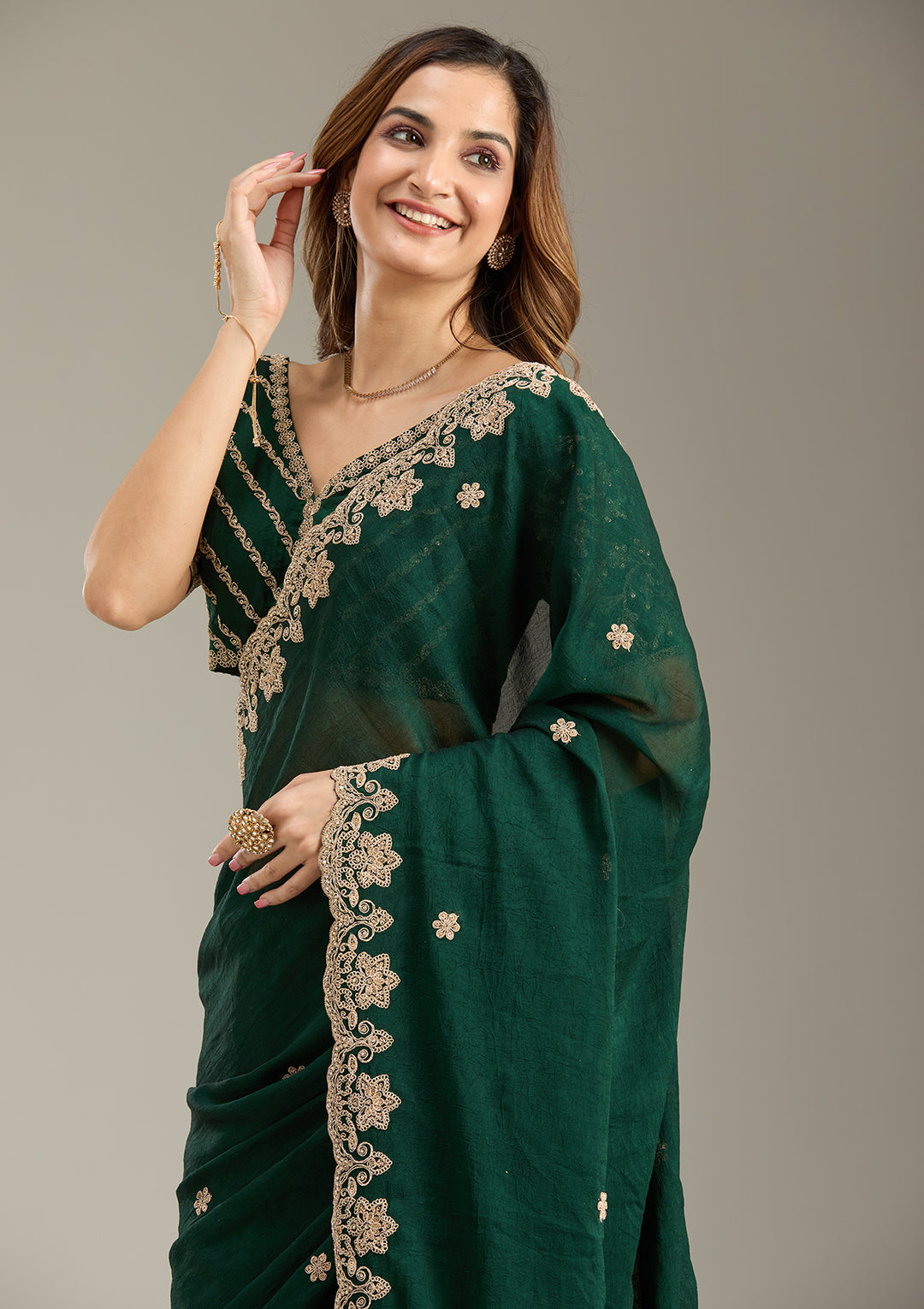 Bottle Green Cording Semi Crepe Saree