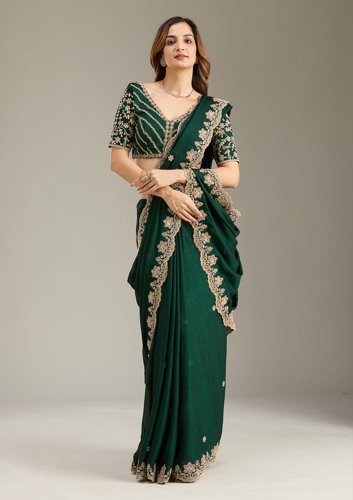 Bottle Green Cording Semi Crepe Saree