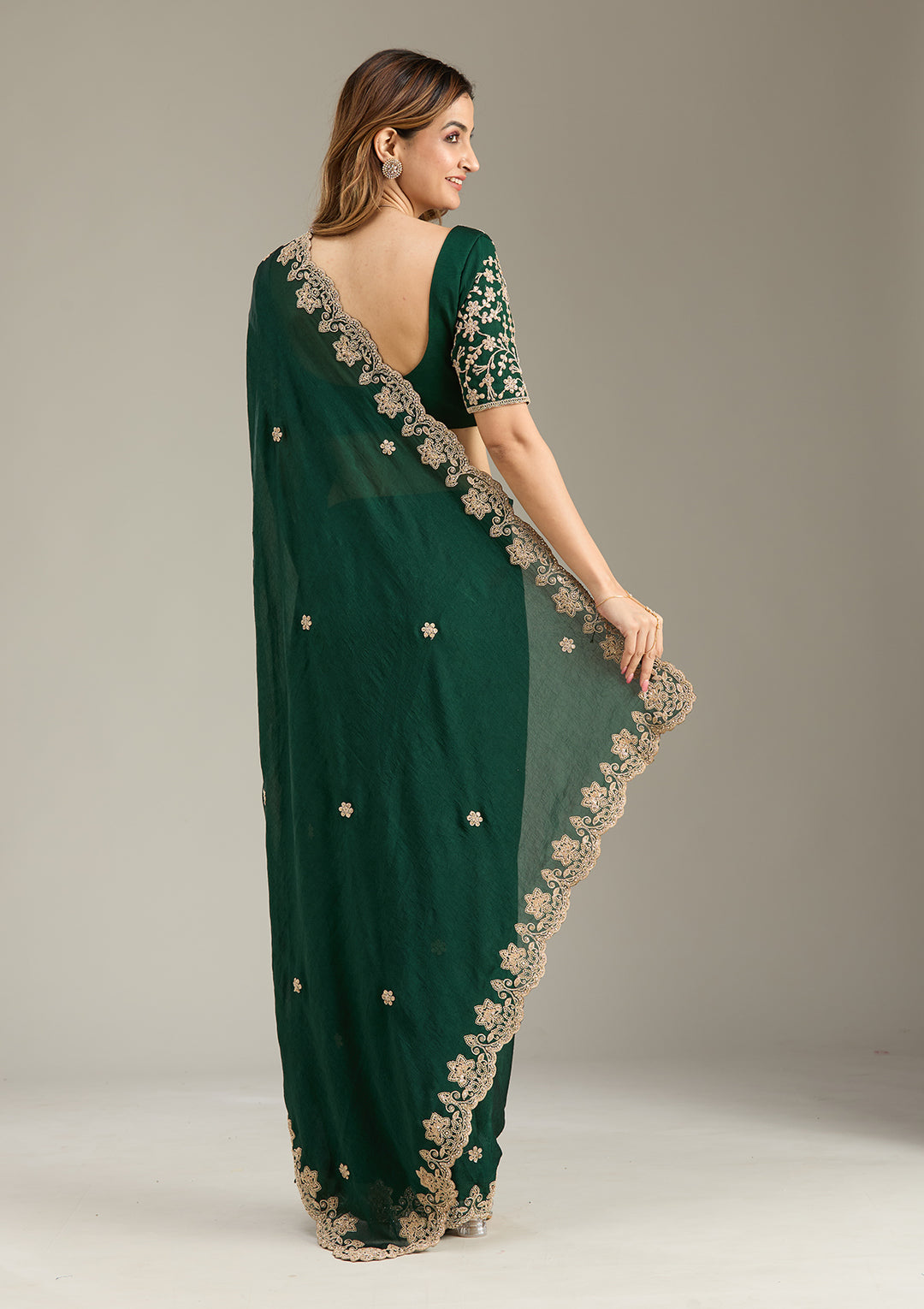 Bottle Green Cording Semi Crepe Saree
