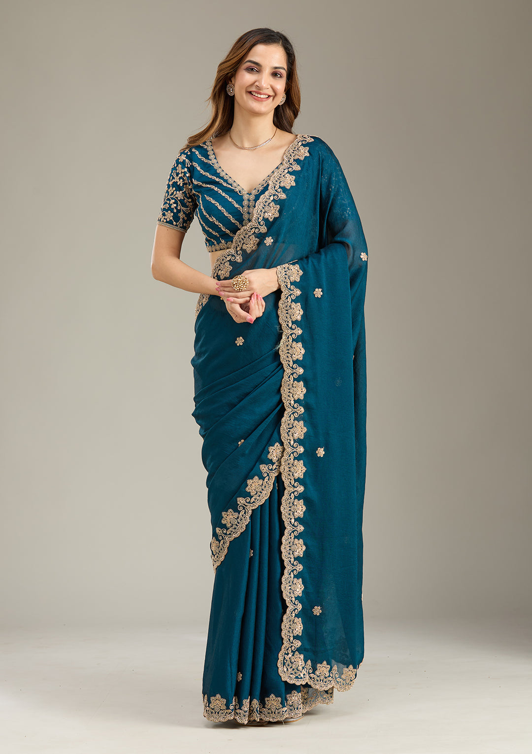 Peacock Blue Crepe Cording Saree With Matching Blouse Piece