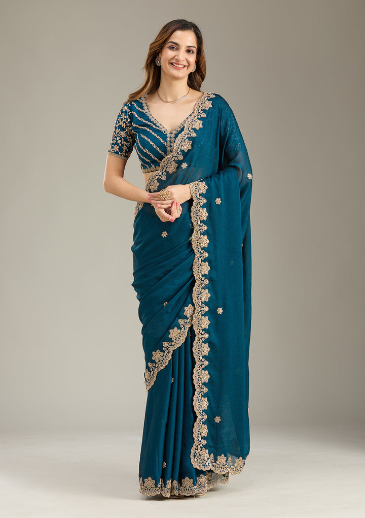 Peacock Blue Crepe Cording Saree With Matching Blouse Piece