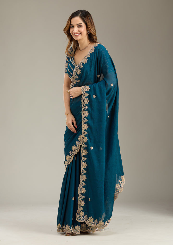 Peacock Blue Crepe Cording Saree With Matching Blouse Piece