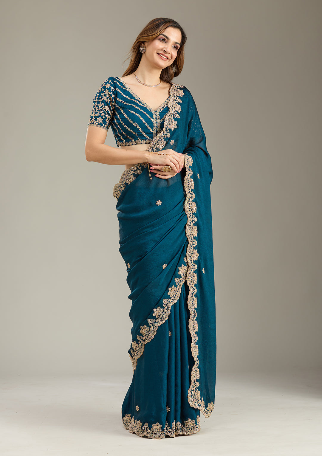 Peacock Blue Crepe Cording Saree With Matching Blouse Piece