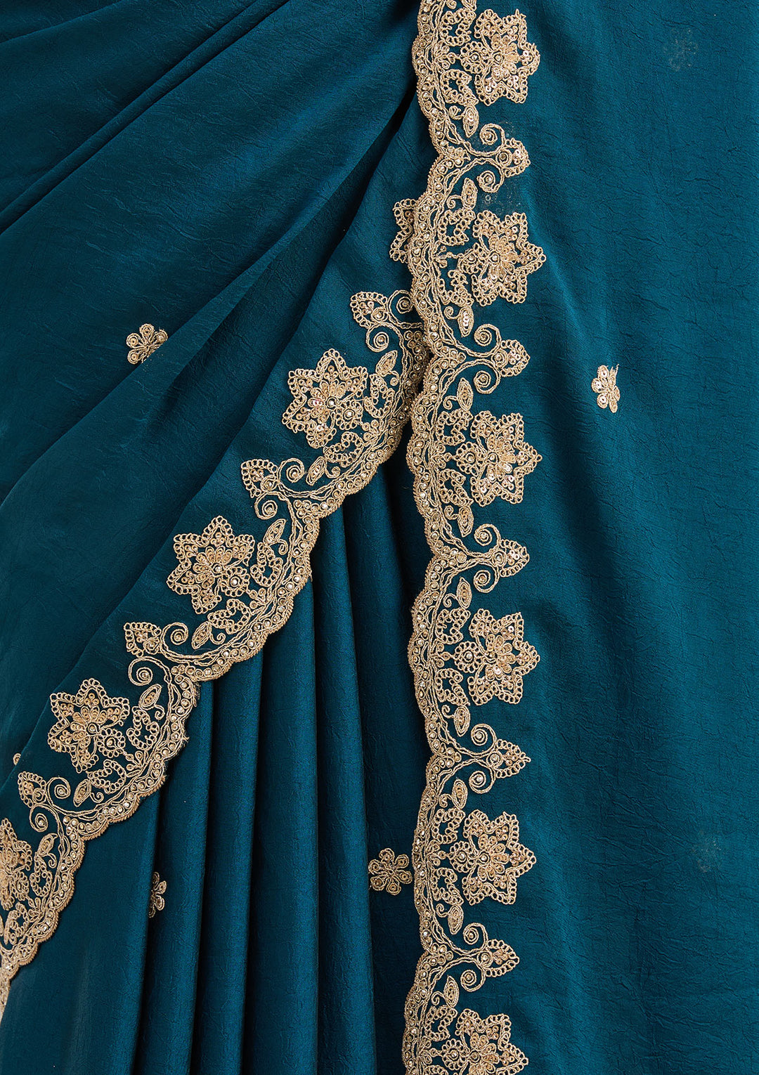 Peacock Blue Crepe Cording Saree With Matching Blouse Piece