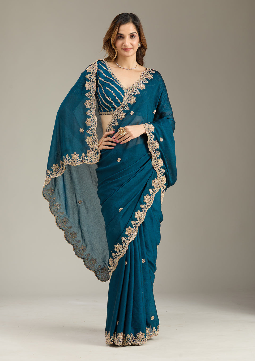 Peacock Blue Crepe Cording Saree With Matching Blouse Piece