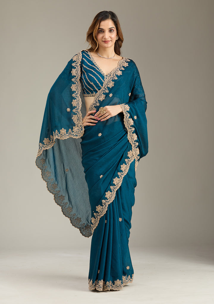 Peacock Blue Crepe Cording Saree With Matching Blouse Piece