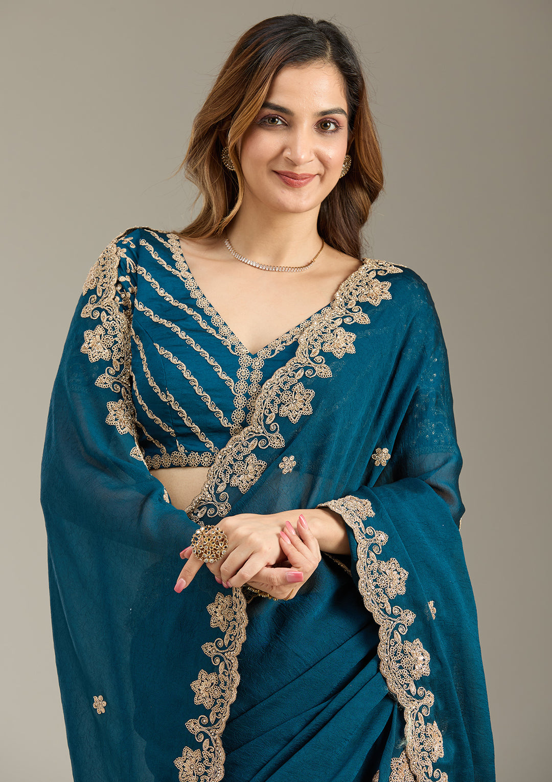 Peacock Blue Crepe Cording Saree With Matching Blouse Piece