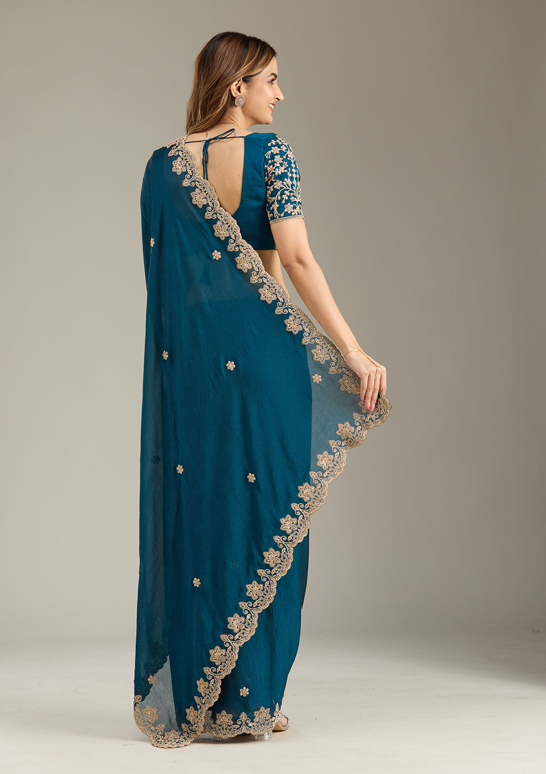 Peacock Blue Crepe Cording Saree With Matching Blouse Piece