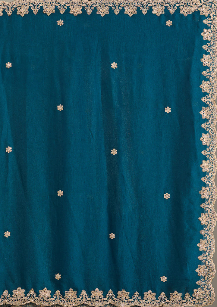 Peacock Blue Crepe Cording Saree With Matching Blouse Piece