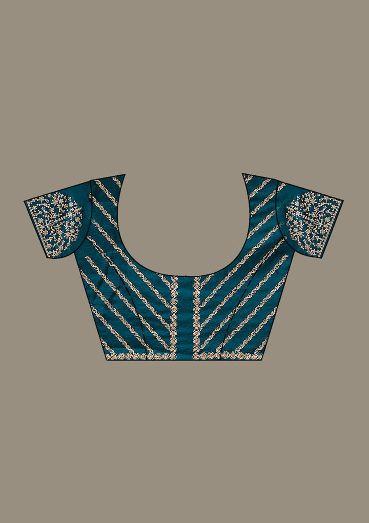 Peacock Blue Crepe Cording Saree With Matching Blouse Piece