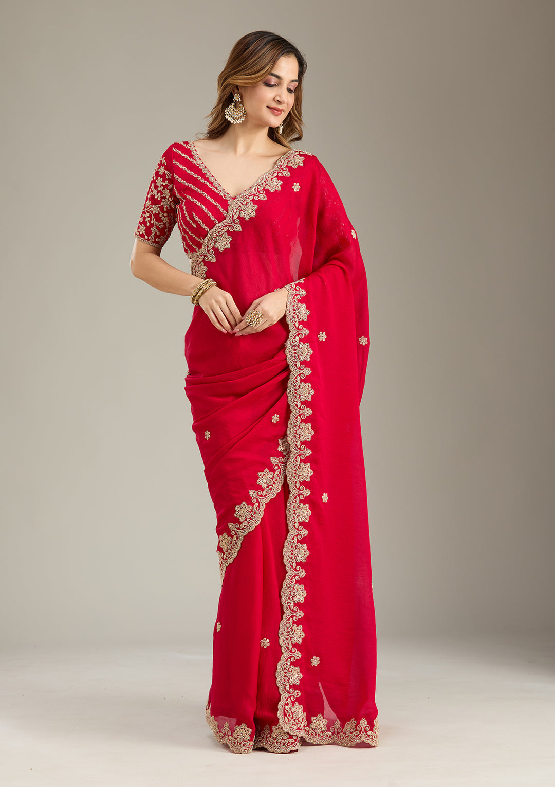 Rani Pink Crepe Cording Saree With Matching Blouse Piece