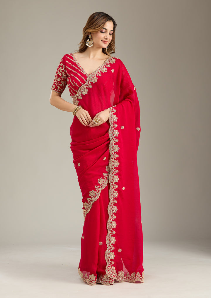Rani Pink Crepe Cording Saree With Matching Blouse Piece