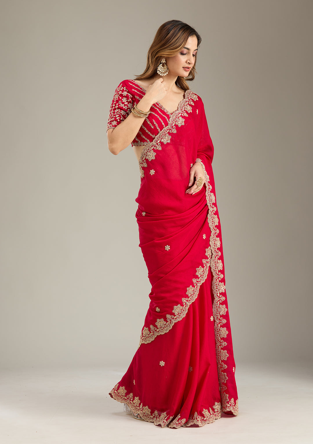 Rani Pink Crepe Cording Saree With Matching Blouse Piece