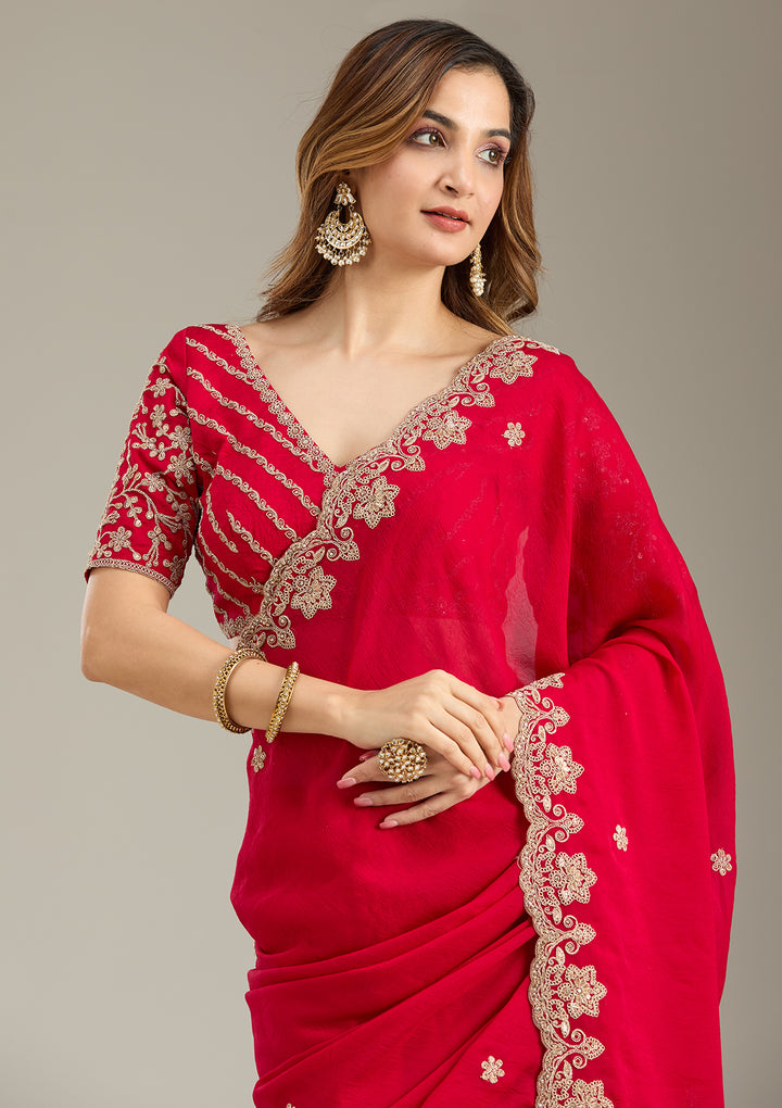 Rani Pink Crepe Cording Saree With Matching Blouse Piece
