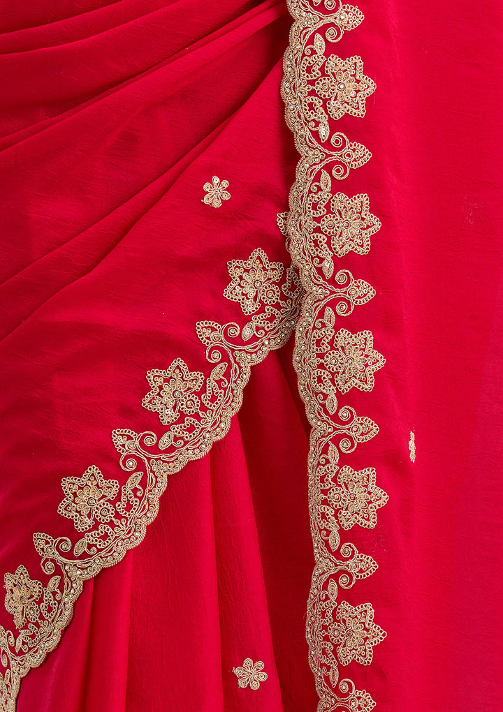 Rani Pink Crepe Cording Saree With Matching Blouse Piece