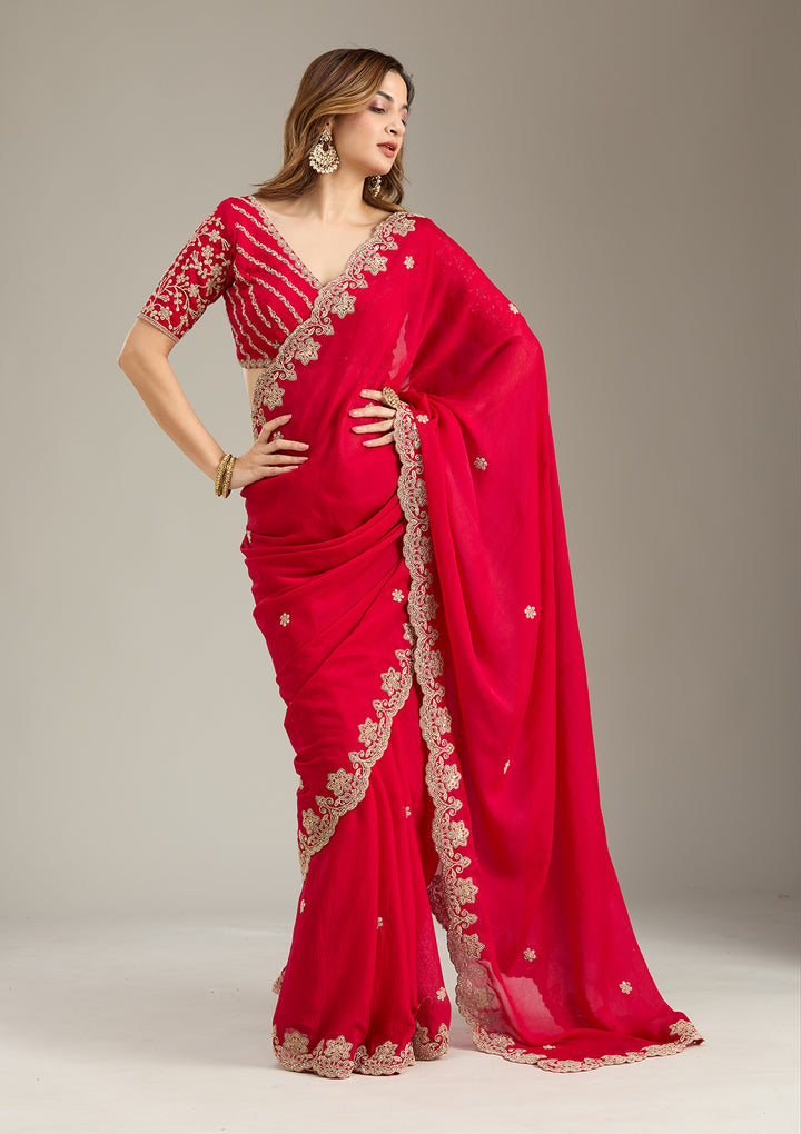 Rani Pink Crepe Cording Saree With Matching Blouse Piece