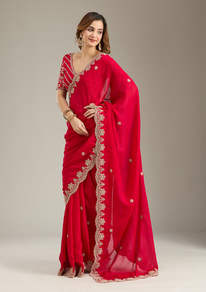 Rani Pink Crepe Cording Saree With Matching Blouse Piece