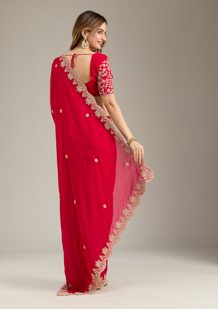 Rani Pink Crepe Cording Saree With Matching Blouse Piece