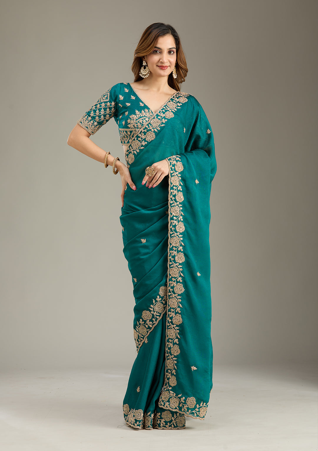 Teal Green Georgette Cording Saree With Matching Blouse Piece