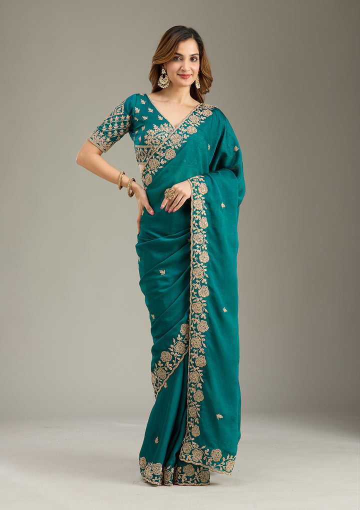 Teal Green Georgette Cording Saree With Matching Blouse Piece