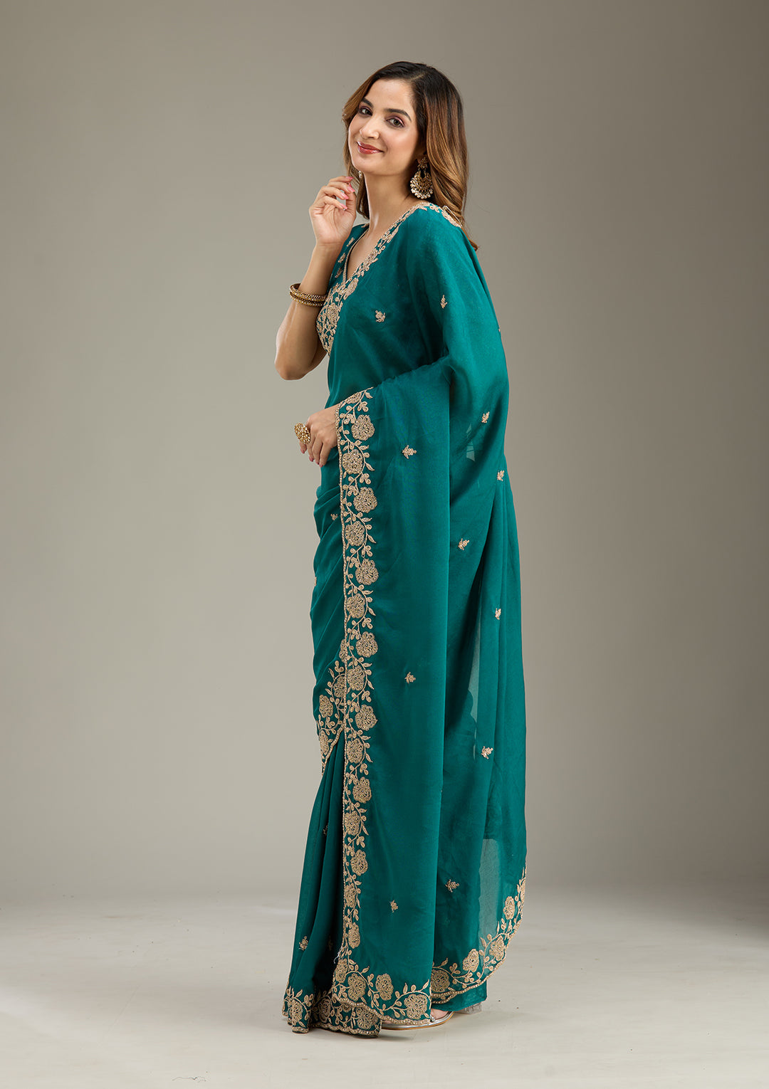 Teal Green Georgette Cording Saree With Matching Blouse Piece