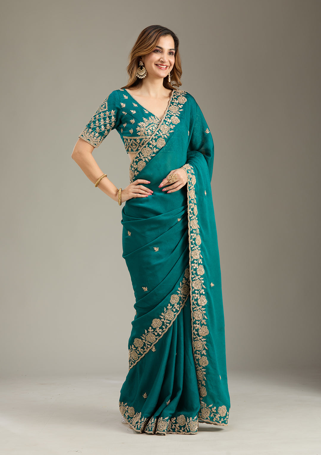 Teal Green Georgette Cording Saree With Matching Blouse Piece