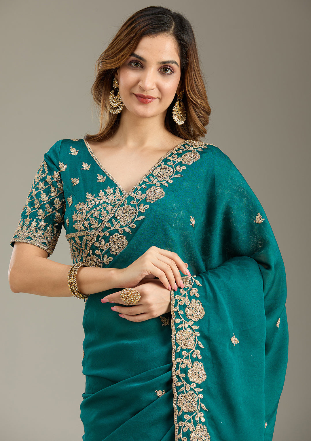 Teal Green Georgette Cording Saree With Matching Blouse Piece
