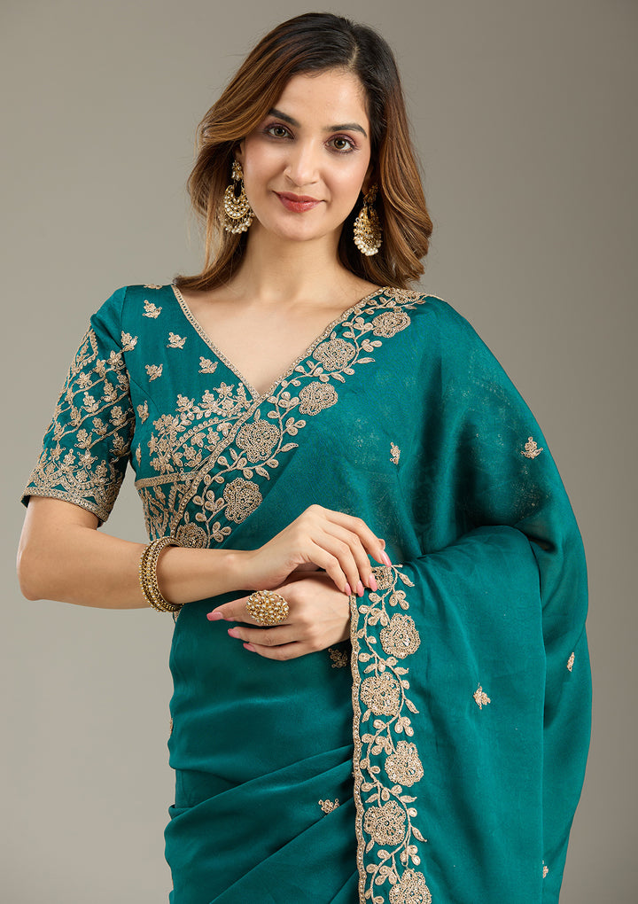 Teal Green Georgette Cording Saree With Matching Blouse Piece