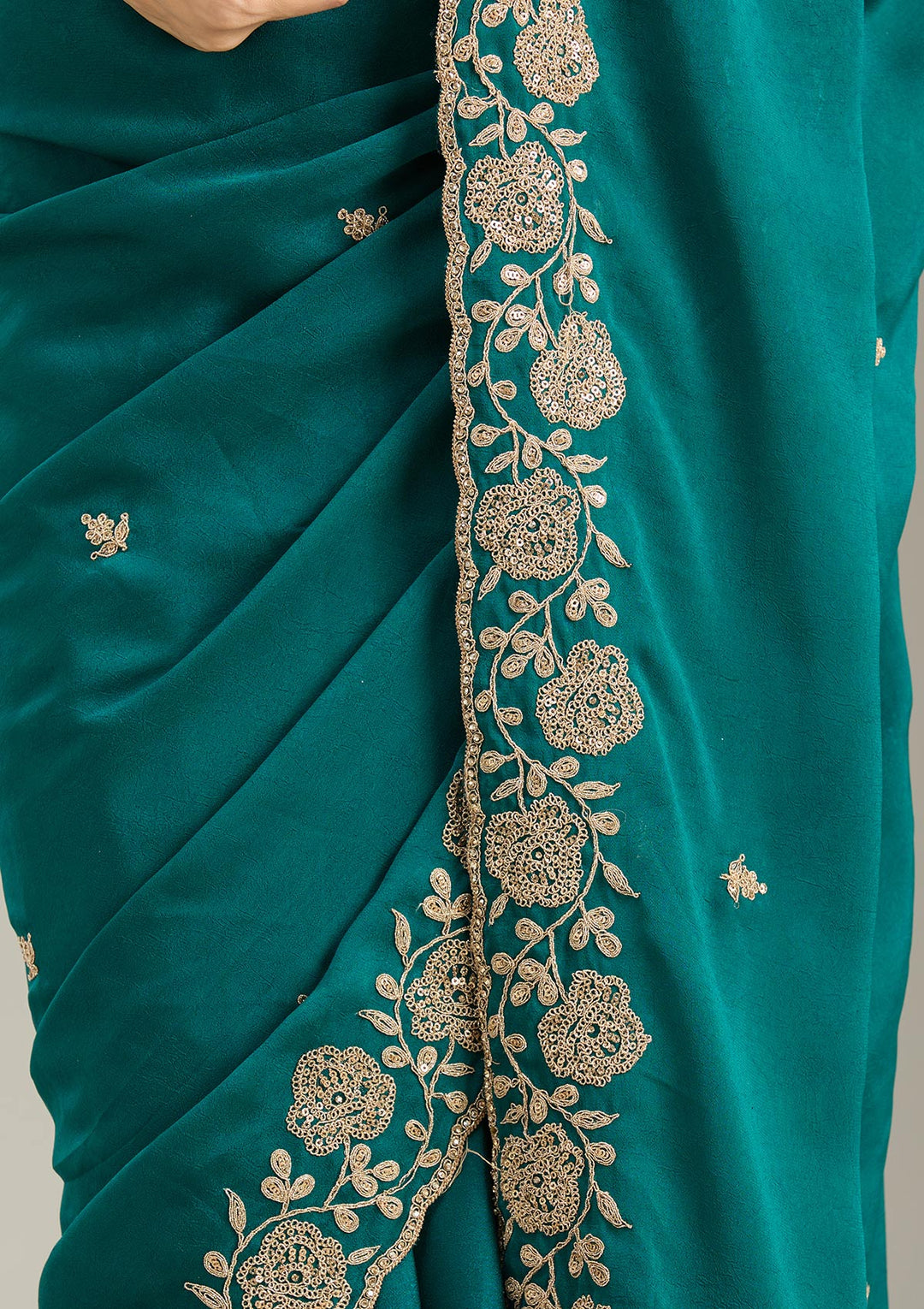 Teal Green Georgette Cording Saree With Matching Blouse Piece