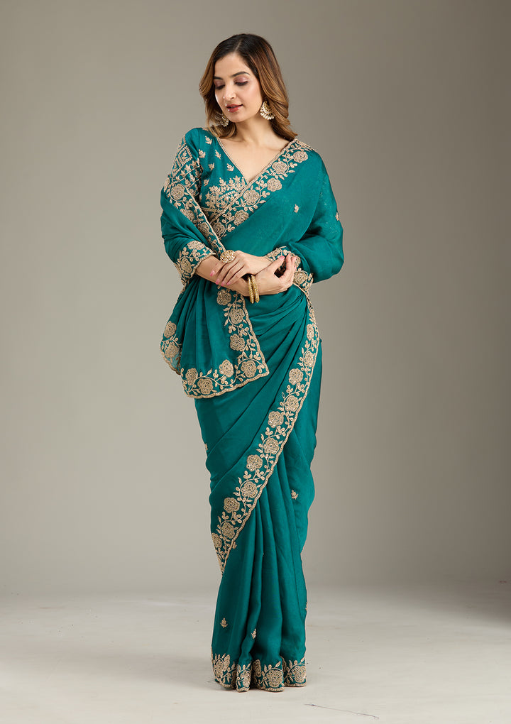 Teal Green Georgette Cording Saree With Matching Blouse Piece