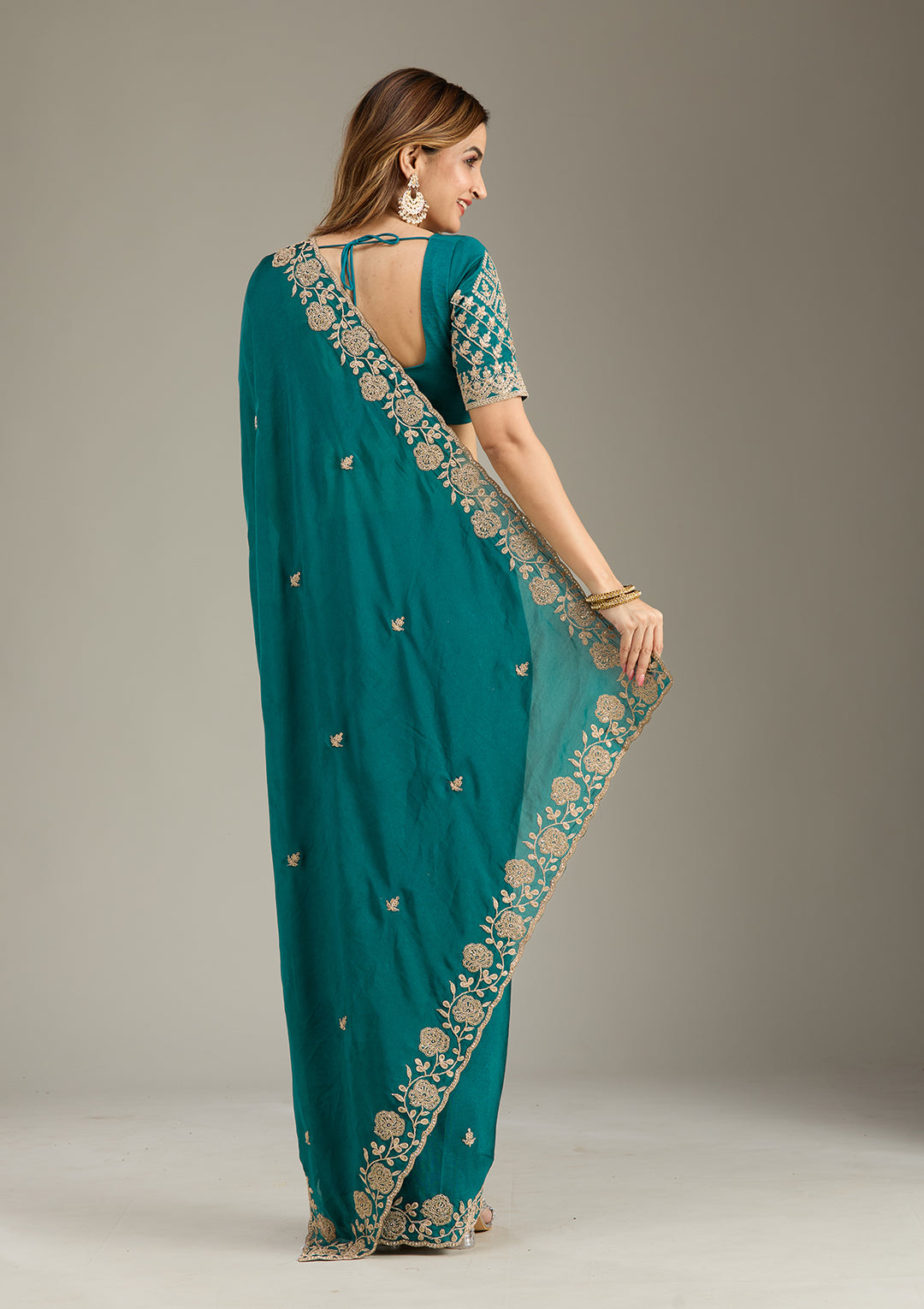 Teal Green Georgette Cording Saree With Matching Blouse Piece