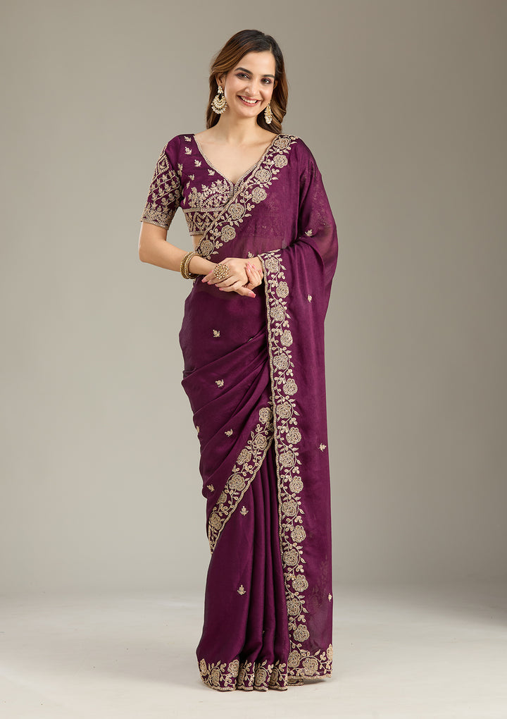 Wine Georgette Cording Saree With Matching Blouse Piece