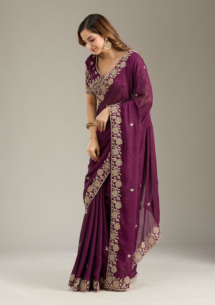 Wine Georgette Cording Saree With Matching Blouse Piece